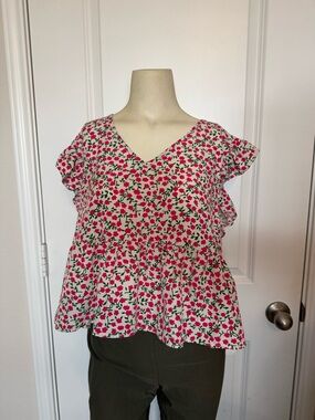 Shein Soleia Vacation Style V-Neck Floral Print Peplum Blouse Ruffled Sleeves